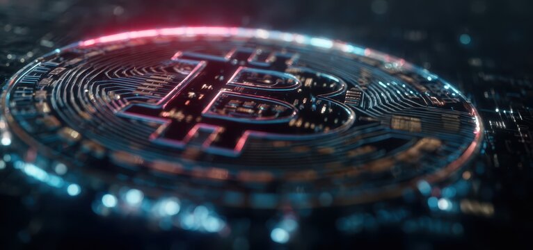 Bitcoin price rise and fall concept with glowing digital cryptocurrency coin and market volatility