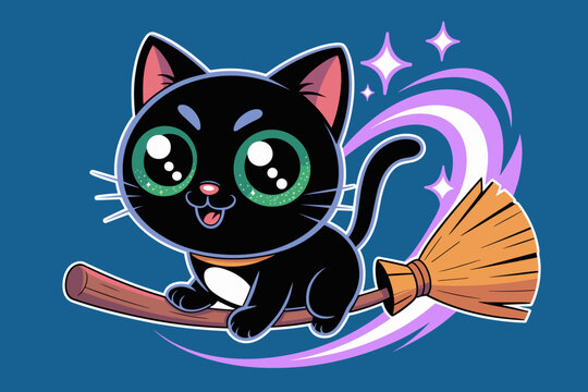 Cute cartoon black cat flying on a broomstick with sparkling magic swirls and stars for Halloween holiday celebrations and whimsical fantasy concepts adorable animal character illustration for childre
