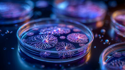 High tech biotechnology research showing macro view of organic cells in a petri dish for medical and scientific discovery