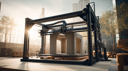 Large scale industrial 3D printer building a modern concrete house on a construction site using innovative robotic technology