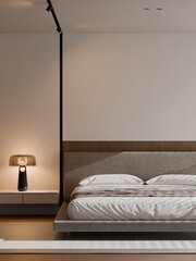 Minimalist Bedroom Interior with Wood Slat Headboard &ndash; 3D Render
