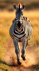 Naklejka premium photograph zebra running dirt road zebra center its body slightly turned side has black white stripes its body its head turned slightly its ears perked its eyes looking directly camera background