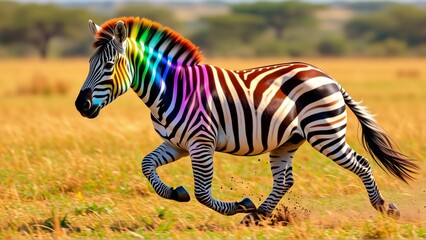 Naklejka premium zebra running field zebra motion its body slightly turned side its legs stretched out front its head turned slightly its ears perked body zebra has rainbow colored mane flowing wind background vast