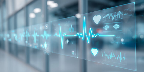 Abstract medical dashboard with glowing ecg waves and health charts for smart healthcare technology