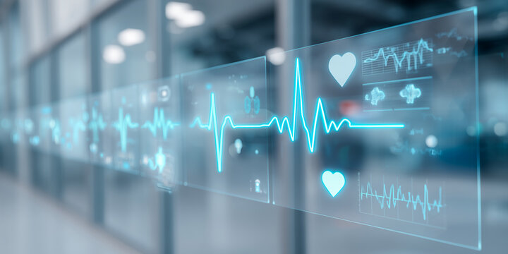 Abstract medical dashboard with glowing ecg waves and health charts for smart healthcare technology