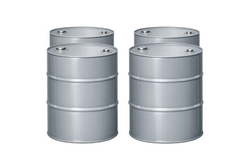 Silver industrial metal barrels storing chemicals or oil, fuel and hazardous liquid waste, transparent background