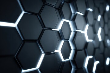 Minimalist tech texture with hexagonal patterns and bright professional lighting.