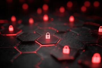 Network security visualization with hexagonal grid and secure connection symbols.