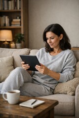 Naklejka premium Digital home services in a European apartment. Peaceful adult woman in her 30s, smiling mood, relaxing while holding a black tablet. Cozy living room with a beige sofa, bookshelves, and warm lamp ligh