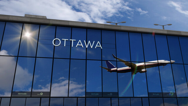 Airplane landing at Ottawa Canada airport mirrored in terminal
