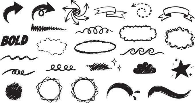 Assorted black ink hand drawn elements including swirling arrows and speech bubbles with decorative banners and scribbled circles for highlighting important information