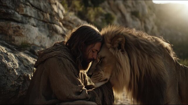Jesus interacts with a lion in a natural setting while exploring themes of connection and understanding