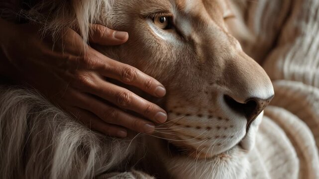 Person touches lion in calm interaction at animal sanctuary in the afternoon light