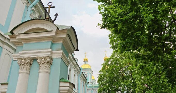 Golden domes of the St. Nicholas-Epiphany Naval Cathedral in summer day