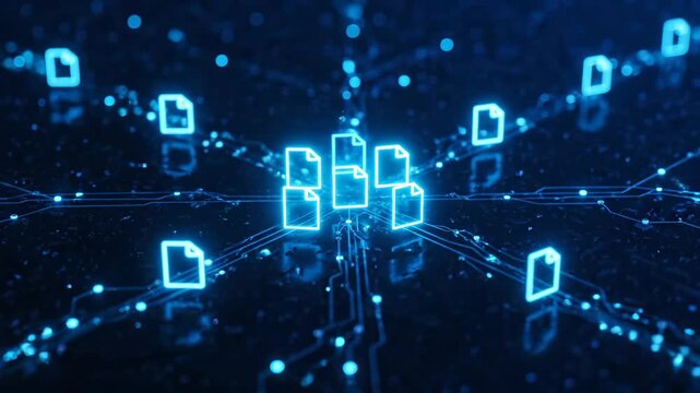 Glowing file icons float in network. Digital data nodes link through connection. Cloud storage and server cluster visualize transfer. Security and blockchain concept represented by glowing paths.