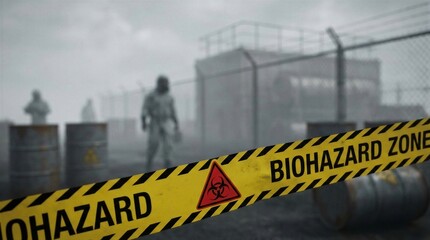 Biohazard zone tape with people in protective suit near barrels. Environmental contamination concept. Danger, radiation, toxic pollution