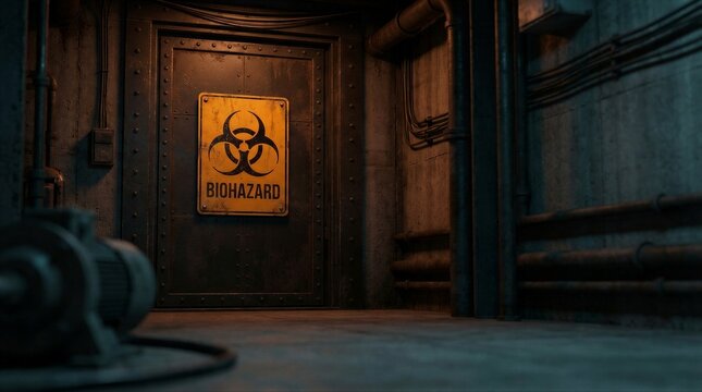 Old metal door with biohazard sign in dark concrete room. Industrial and research setting showing danger zone. Post apocalyptic or scientific concept