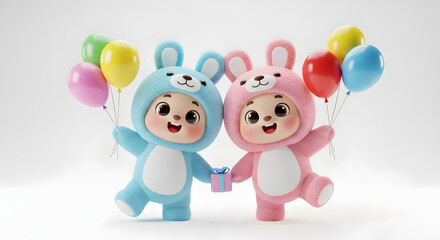 Fototapeta premium Two cute bunny costume kids with balloons, cheerful birthday cartoon