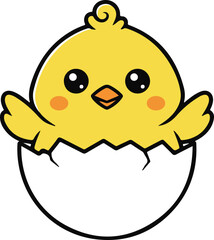 Obraz premium Cute yellow chick hatching from a white egg, playful cartoon vector illustration