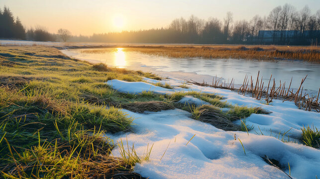 Early spring landscape with melting snow and first green grass, soft morning light symbolizing transition, renewal and seasonal change in nature