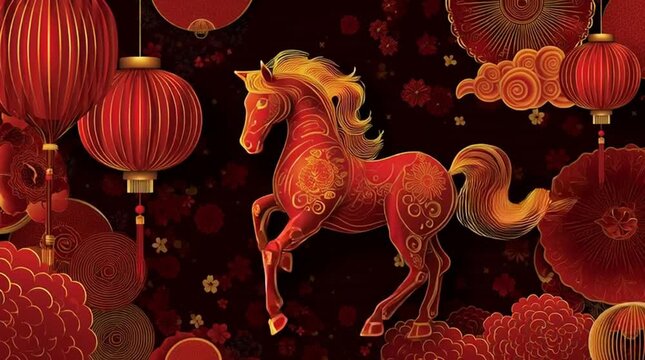 Chinese New Year Celebration with Majestic Horse and Traditional Lanterns.