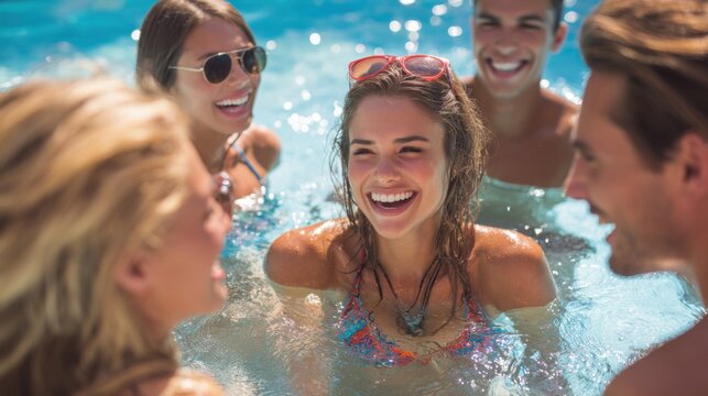 Young adults enjoying a pool party in summer sunlight.