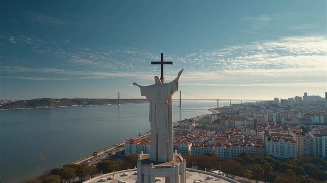 Aerial view of the Sanctuary of Christ the King in Almada, Portugal, with Lisbon and the 25 de Abril Bridge in the background.