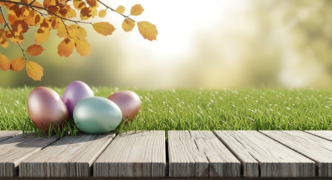 Easter eggs on green grass with wooden table background for easter card