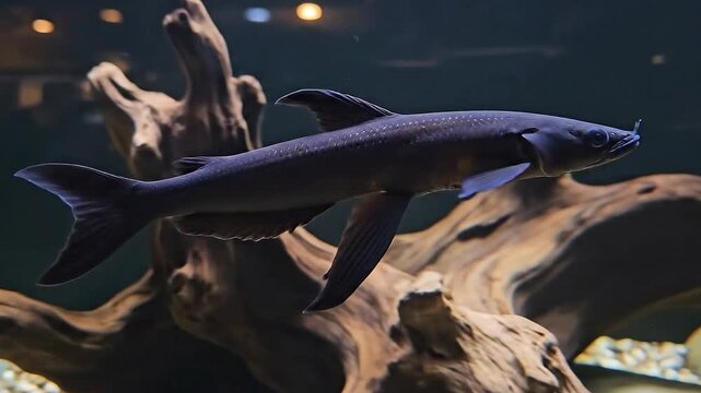 Dark eel-like fish swimming gracefully near aquarium driftwood and rocks
