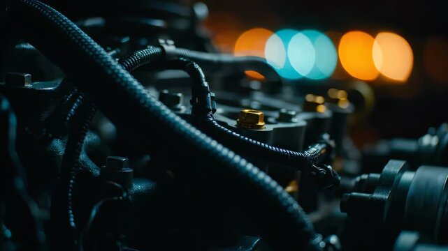 Close-up of complex engine components and braided hoses under low light with vibrant bokeh lights, concept for engineering presentations, vehicle diagnostics and industrial maintenance