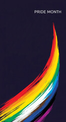 Graphic of rainbow color brushstroke on dark blue background, representing diversity and inclusivity, for Pride Month celebration and related themes