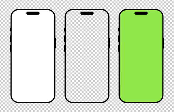 Smartphone frames. Mobile phone simple icons with white background set. Blank smart phone green screen template. Gadget black symbols. Device flat front view. Signs for website design, ui, mobile app.