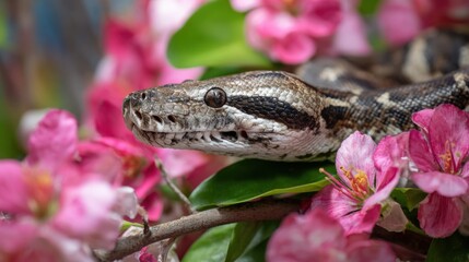 Fototapeta premium Python amid vibrant pink blossoms in natural setting.