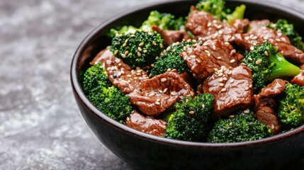 Fototapeta premium Delicious stir-fry beef with broccoli and sesame seeds