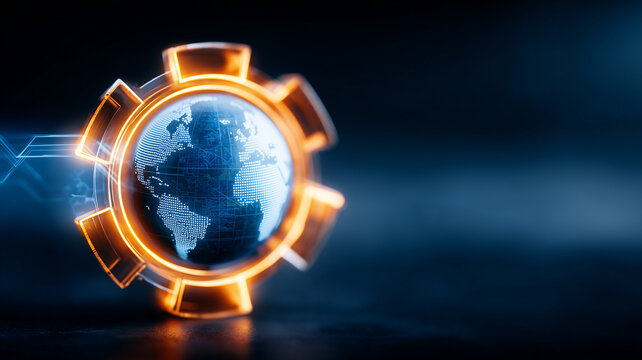 Globe inside a gear symbol representing global industry operations and international supply chain strategy. Commercial.
