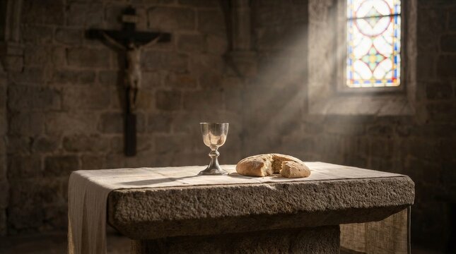 Chalice and bread on stone altar in dark church setting with stained glass and crucifix. Holy communion and Christian religious sacrament
