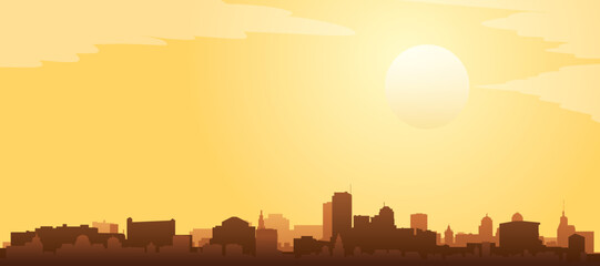 Golden yellow panoramic poster of the city skyline with misty background buildings and clouds of SEATTLE, UNITED STATES