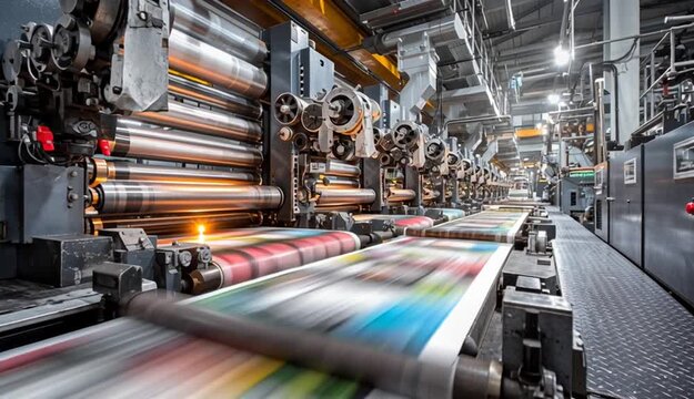 Industrial printing press running, showcasing complex machinery