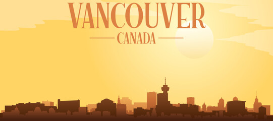 Naklejka premium Golden yellow panoramic poster of the city skyline with misty background buildings and clouds of VANCOUVER, CANADA