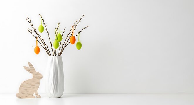 Easter decor: bunny, eggs, and pussy willow branches in a vase on white background