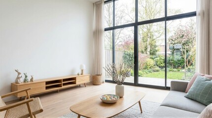 Modern living room interior with Easter decorations like bunnies and colored eggs. Spacious home design for spring season
