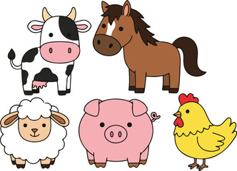 A collection of five domestic farm animals including a cow, horse, pig, sheep, and chicken, cute flat vector illustration