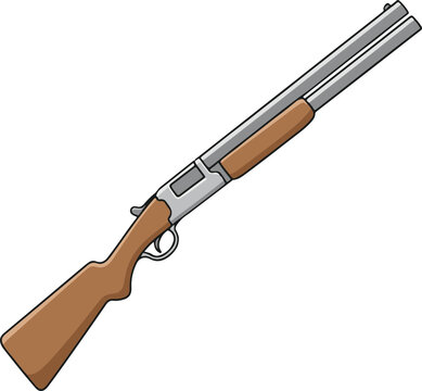 A classic double-barrel shotgun with a wooden stock and silver barrels, realistic flat vector illustration