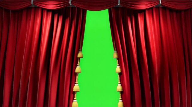 Rich crimson curtains elegantly pulled back to reveal the vibrant, open space within a visual narrative.