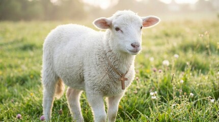 Obraz premium White lamb wearing a wooden cross necklace in a spring meadow. Religious concept for Easter and Christian spirituality