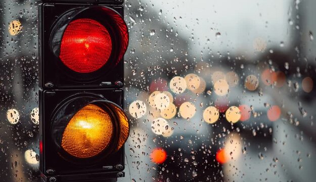 A traffic light with the red light on against a blurred background of a rainy city.