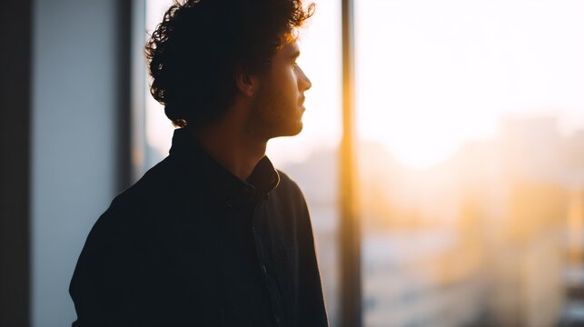 Man with curly hair is standing in front of a window