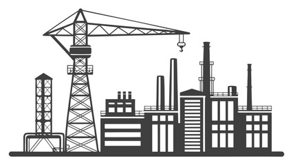 Obraz premium A black and white vector graphic illustration of an industrial factory with a crane