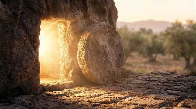 Empty tomb of Christ illuminated by bright light at sunrise. Religious symbol for Easter holiday, resurrection concept
