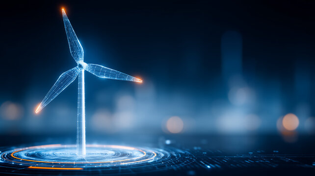 Wireframe wind turbine rising from a digital platform representing renewable energy innovation and power generation.
